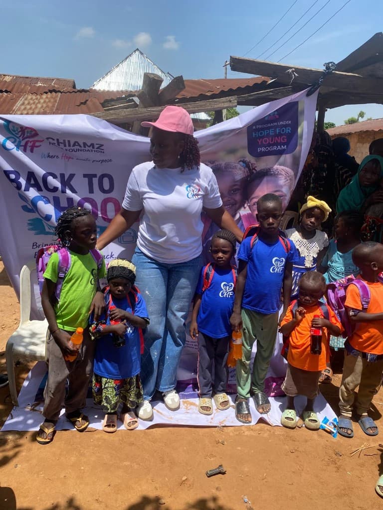 Chiamz Hope Foundation Back to School outreach with volunteers and children